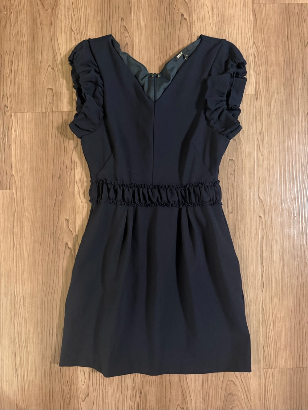 Maje Navy V-Neck Mini Dress with Ruffled Waist and Sleeves Medium